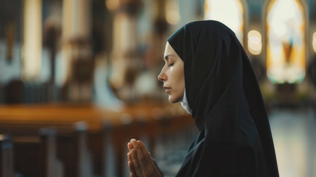 A caucasian nun, dressed in a black habit, is deep in prayer inside a church. Her eyes are closed and her hands are clasped together. The image is a devout portrait.の素材