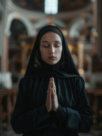 A portrait of a caucasian nun dressed in a black habit, praying with her eyes closed inside a church.の素材