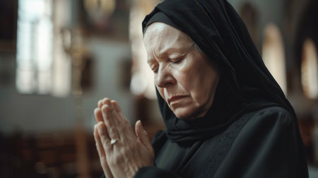 A close-up portrait of a serene nun in a black habit, with her eyes closed, hands clasped in prayer inside a church.の素材