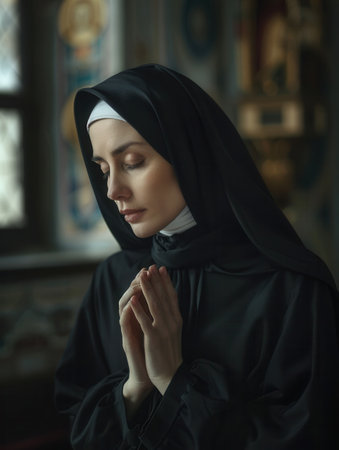 A portrait of a nun in a black habit, deeply engaged in prayer inside a church. Her eyes are closed and her hands are clasped together in a gesture of devotion.の素材