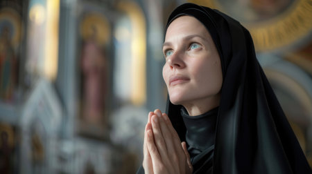 A caucasian nun, wearing a black habit, is deep in prayer within a church. The portrait captures her serene expression and the devotional atmosphere.の素材