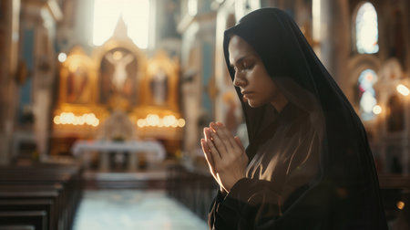 A caucasian nun, dressed in a black habit, prays devoutly inside a church. The warm, golden light of the candles illuminates the scene.の素材
