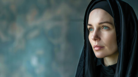 A serene caucasian nun, clothed in a black habit, is captured in a moment of deep prayer inside a church. Her focused expression and calm posture radiate devoutness.の素材