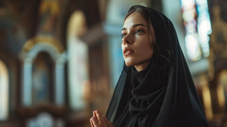 A young, caucasian nun wearing a black habit, deeply engrossed in prayer within a dimly lit church interior.の素材