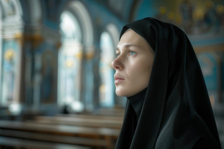 A close-up portrait of a young nun in deep prayer inside a church, her face illuminated by the soft light of the building.の素材