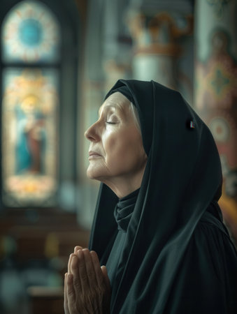 A serene caucasian nun wearing a black habit prays with her hands clasped in front of her inside a church.の素材