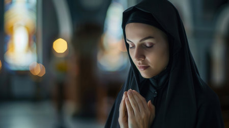 A Caucasian nun wearing a black habit prays with her eyes closed inside a church.の素材