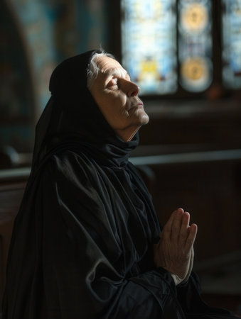A serene caucasian nun in a black habit, with eyes closed, is deeply engrossed in prayer inside a church.の素材