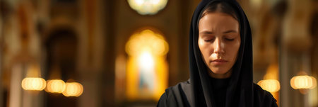 A portrait of a caucasian nun in a black habit, deeply engrossed in prayer within the sacred space of a church.の素材
