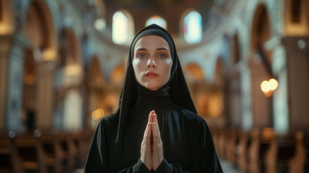 A portrait of a nun dressed in a black habit, praying with her hands clasped in front of her. She stands in the interior of a church, bathed in soft light.の素材
