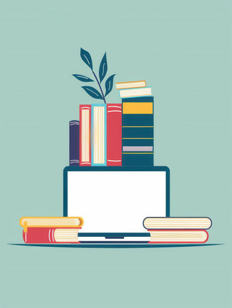 An illustration of a laptop with textbooks, symbolizing modern methods of learning. Ideal for online courses and educational platforms.の素材