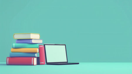 A stack of textbooks sits next to a closed laptop on a turquoise desk, showcasing modern education and learning.の素材