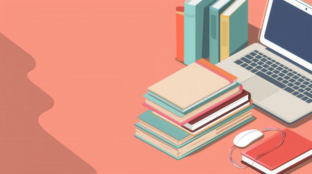 A stack of colorful textbooks next to a laptop and mouse, symbolizing the combination of traditional and modern learning methods.の素材