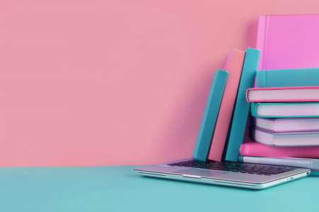 A laptop rests on a teal surface next to a stack of colorful textbooks, symbolizing modern learning methods.の素材