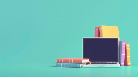 A laptop and colorful textbooks sit against a teal backdrop, symbolizing contemporary learning methods and online education.の素材