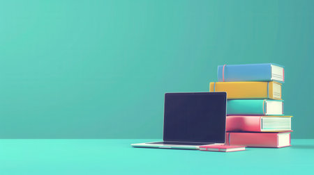 A laptop and a stack of colorful textbooks rest on a turquoise surface, symbolizing the modern ways of learning.の素材