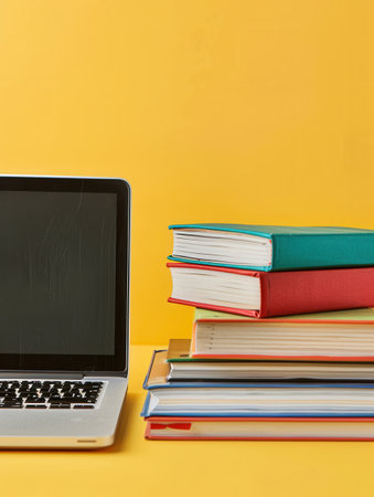 A laptop and a stack of colorful textbooks sit against a bright yellow background, representing the blend of traditional and modern learning methods.の素材