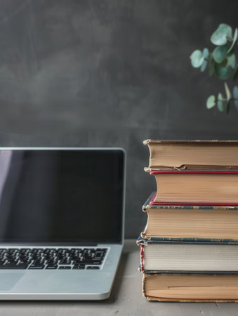 A laptop and a stack of textbooks are positioned on a desk, symbolizing the modern blend of technology and traditional learning.の素材