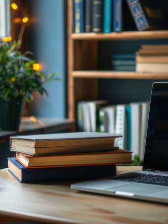 A stack of books and a laptop sit on a wooden desk, showing modern learning methods.の素材