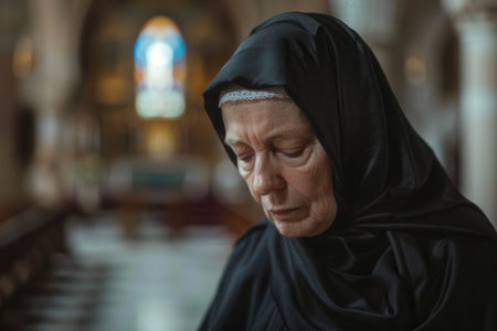 A caucasian nun in a black habit, deeply engrossed in prayer, sits inside a church. Her face reflects a quiet and serene piety.の素材