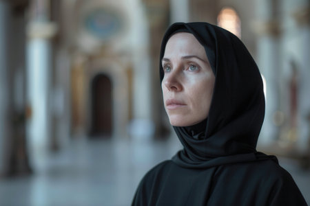 A portrait of a devout, caucasian nun wearing a black habit and praying inside a church.の素材
