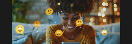 A smiling Black woman uses her smartphone at home, surrounded by digital icons representing social media posts, emojis, and online shopping.の素材
