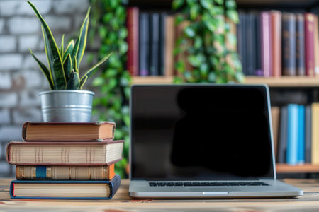 A contemporary learning space featuring a laptop and a stack of books, symbolizing the blend of traditional and digital education.の素材