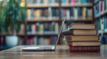 A laptop rests on a wooden table with a stack of textbooks beside it, all set against a backdrop of a library bookshelf.の素材