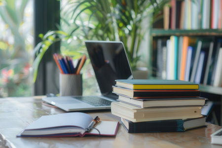 A close-up image of a modern learning desk featuring a laptop, stacked textbooks, and a notebook, representing the integration of traditional and digital learning methods.の素材