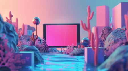 A digital landscape with a large screen displaying a video stream, surrounded by colorful rocks, cacti, and a flowing river.の素材