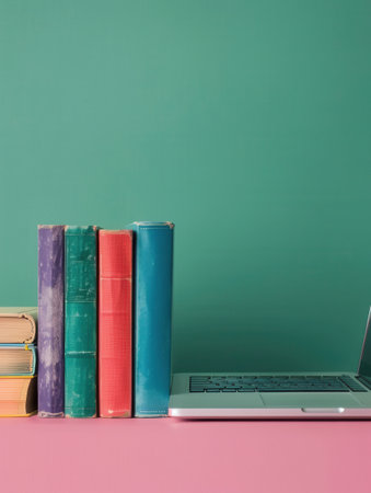 A close-up image of a laptop with a stack of colorful books in front of it. This image represents modern learning with traditional books and digital tools.の素材