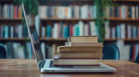 A laptop rests on a wooden table with a stack of textbooks in front of it, set against a backdrop of bookshelves.の素材