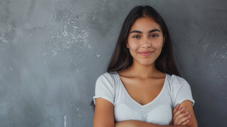 A young Hispanic woman with long black hair and a pleasant smile stands against a gray wall with her arms crossed.の素材