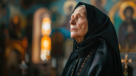 A portrait of a serene Caucasian nun, wearing a black habit, deep in prayer within a dimly lit church.の素材