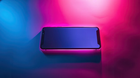 A modern smartphone with a blank screen sits illuminated by vibrant pink and blue neon lights, perfect for showcasing services streaming and online video content.の素材