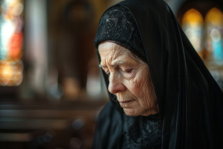 A portrait of a serene Caucasian nun in a black habit, deep in prayer inside a church.の素材