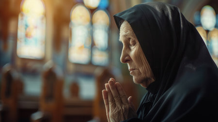 A serene nun in a black habit stands in a church, eyes closed, hands clasped in prayer, showing her deep devotion.の素材