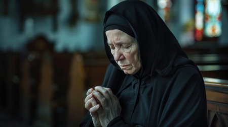 A serene caucasian nun in a black habit is deeply in prayer inside a church, a devout portrait.の素材