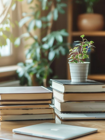 A close-up shot of a desk with stacks of textbooks and a laptop, symbolizing modern learning.の素材