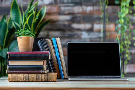 A stack of textbooks rests beside a laptop computer, symbolizing modern learning methods.の素材