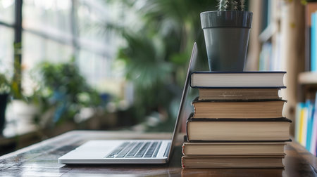A laptop rests on a table, beside a stack of textbooks, illustrating a modern learning environment.の素材