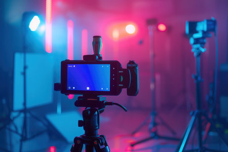 A video camera on a tripod is ready to record a streaming session. The camera is positioned in a studio setting with colorful lighting.の素材