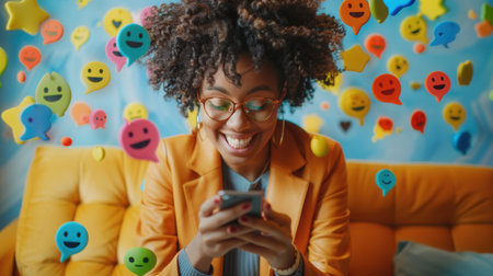 A happy Black woman uses her smartphone while sitting on a couch. Digital icons representing social media posts, emojis, and e-commerce shopping fly around the device.の素材