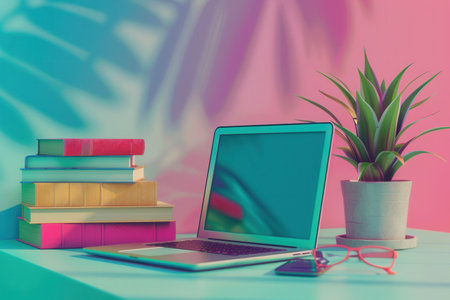 A laptop computer sits open on a desk alongside a stack of textbooks, symbolizing the modern methods of learning.の素材