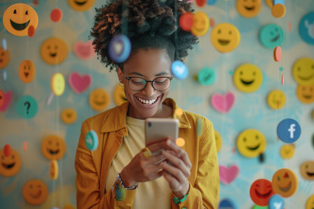 A happy Black woman smiles as she uses her smartphone in her home, surrounded by 3D representations of social media posts, smiley faces, and online shopping icons.の素材
