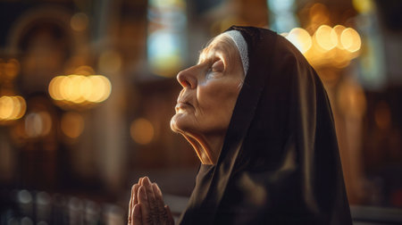 A serene caucasian nun in a black habit deep in prayer inside a church.の素材