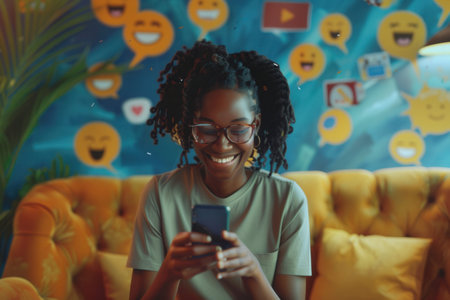 A Black woman happily texting on her phone on a yellow couch as emojis and social media icons float around her device.の素材