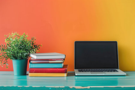 A laptop computer and a stack of textbooks sit on a turquoise table against a vibrant orange and yellow wall, highlighting the modern methods of learning.の素材