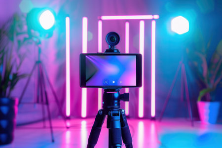 A smartphone mounted on a tripod, ready for recording in a vibrant space with neon lights and blurred background plants.の素材