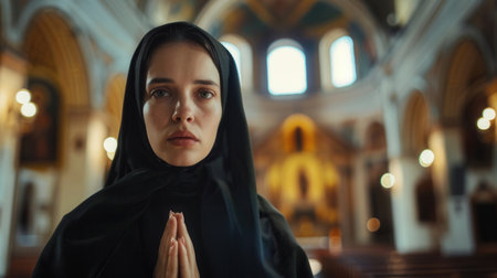 A serene Caucasian nun in a black habit prays inside a church.の素材